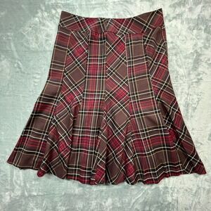 Kenar Plaid‎ Flaired Skirt Women 10 Brown Burgundy Pleated Gored Knee Length
